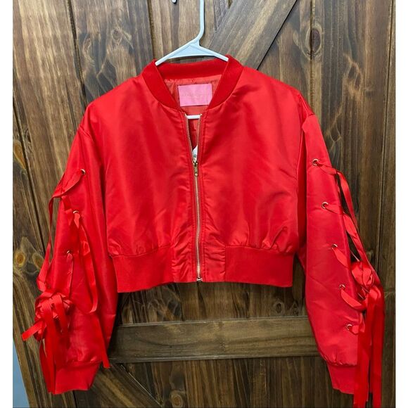 Akira Womens Red Ribbon Jacket Crop Coat Sz Med - Picture 1 of 8
